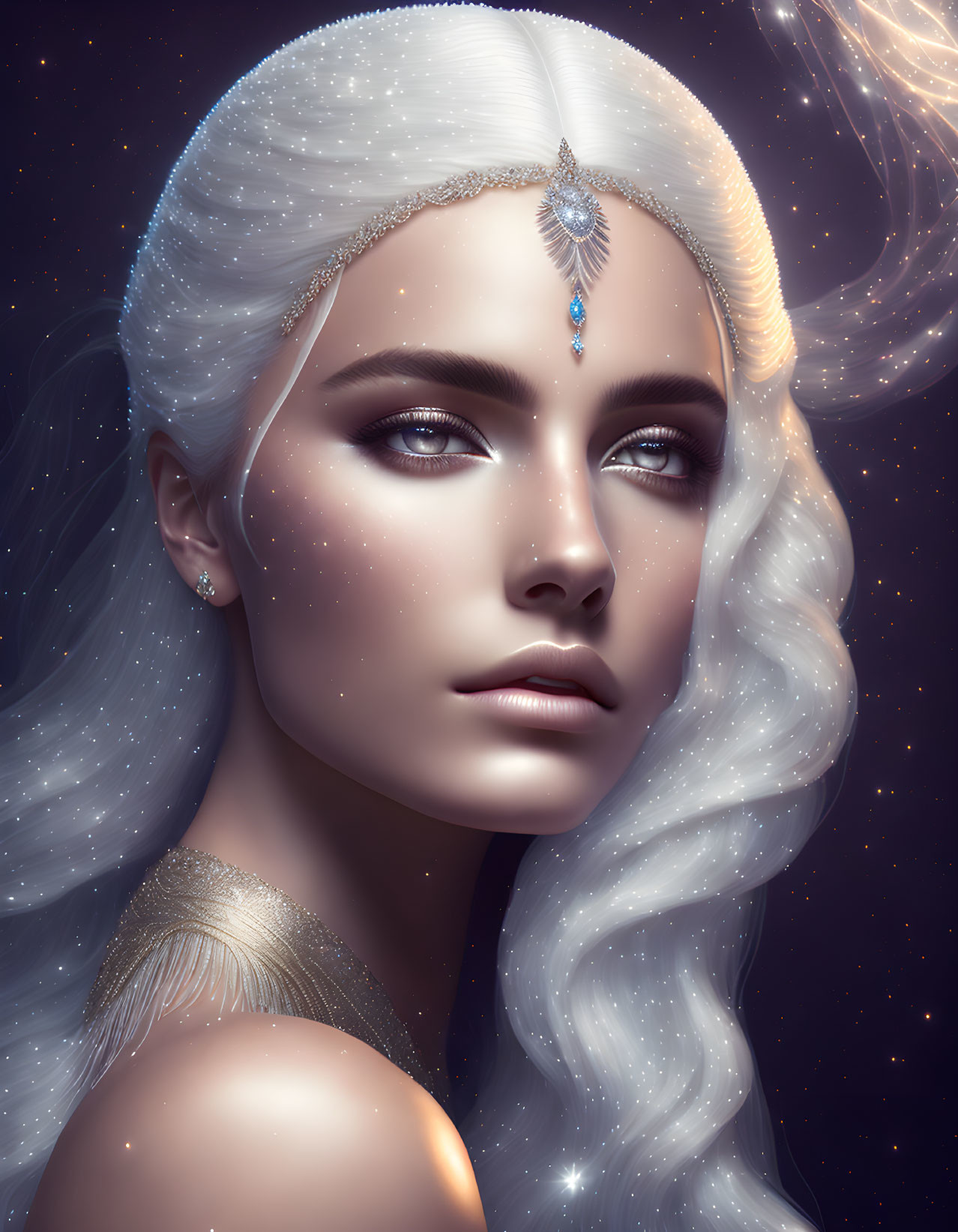 Portrait of woman with white hair and jeweled headpiece on starry background