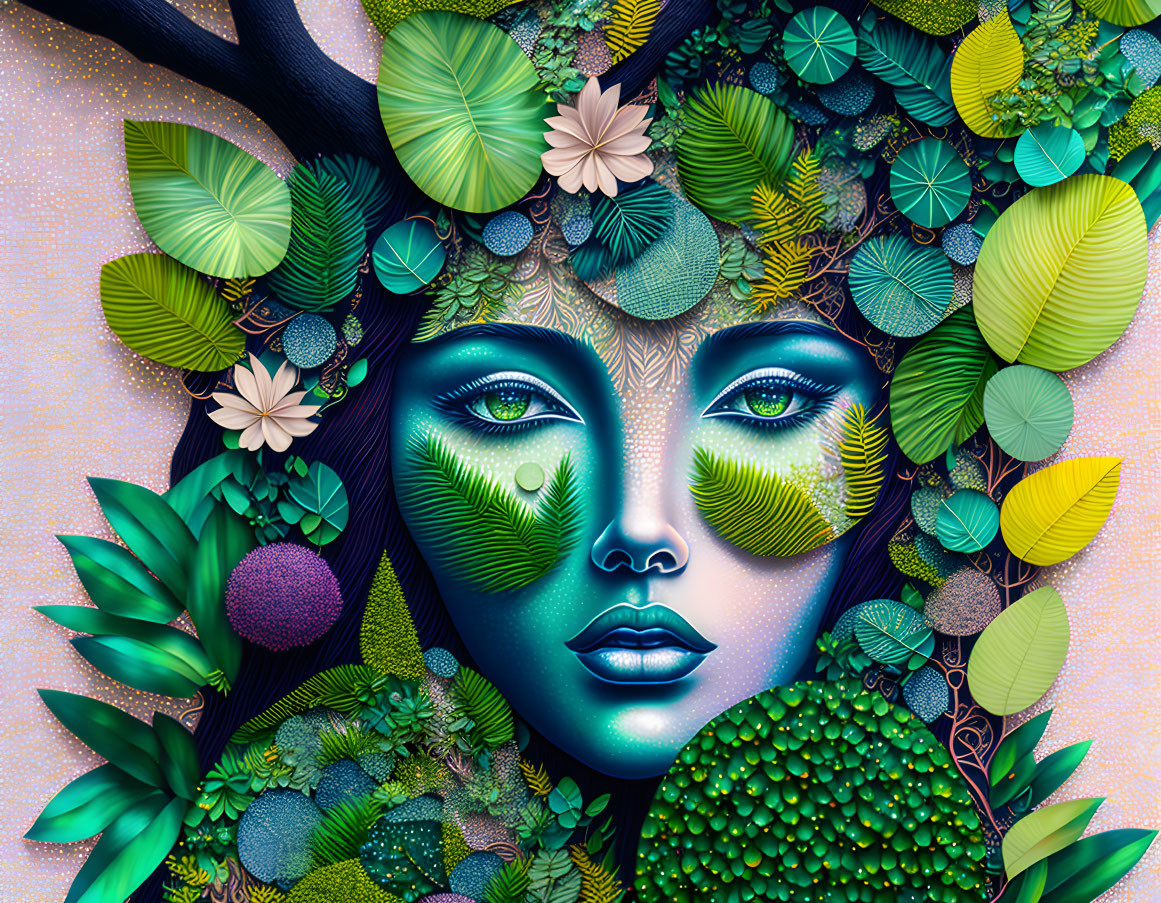 Woman's face merged with vibrant green botanical elements