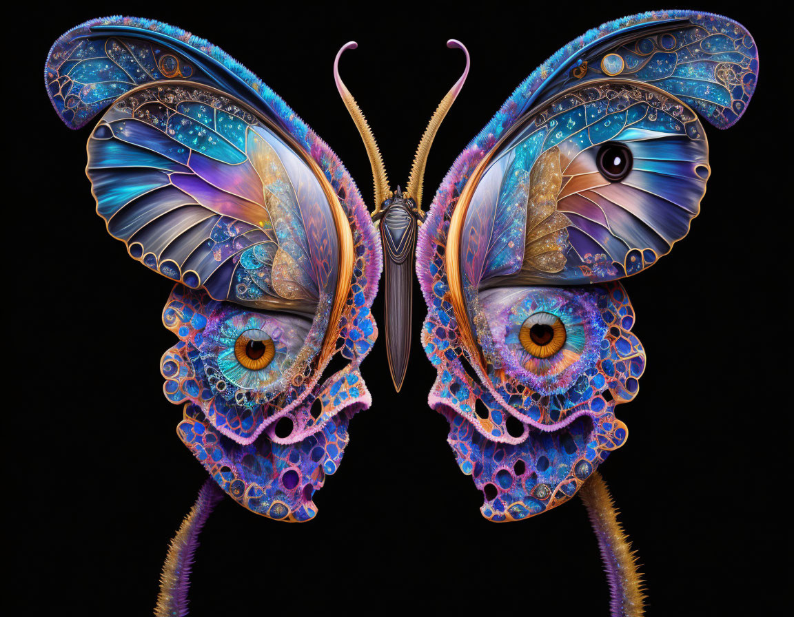 Colorful surreal butterfly art with human-like eyes and features on black background