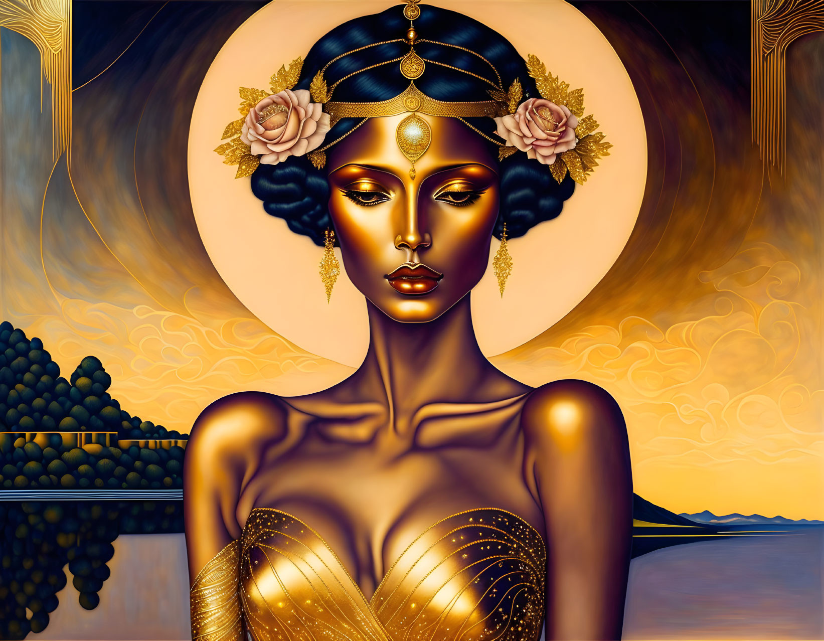 Golden-skinned woman with crown and jewelry against warm backdrop