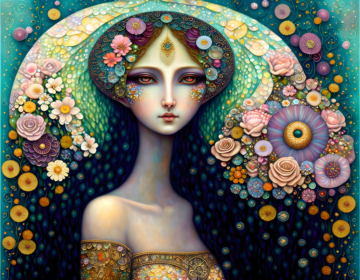 Stylized woman with expressive eyes in vibrant floral halo