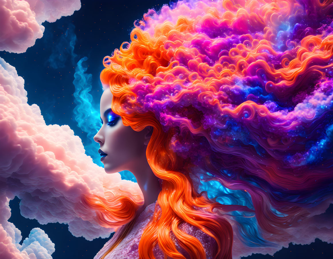 Colorful digital artwork: Woman with flowing hair in orange, pink, and purple under surreal sky.