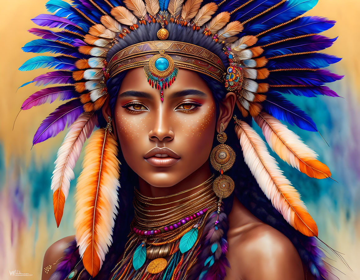 Vibrant Native American headdress on woman in digital portrait