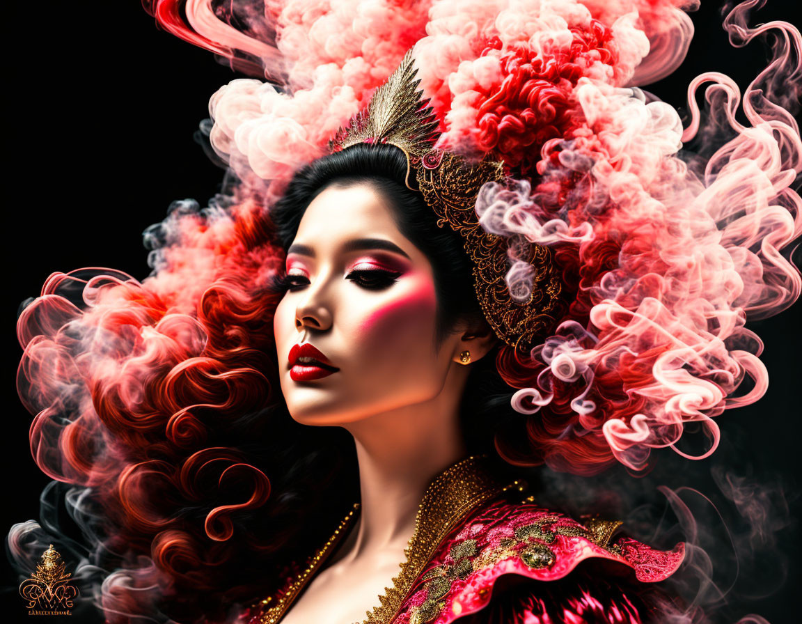 Dramatic red and black hair woman digital artwork with headdress on dark background