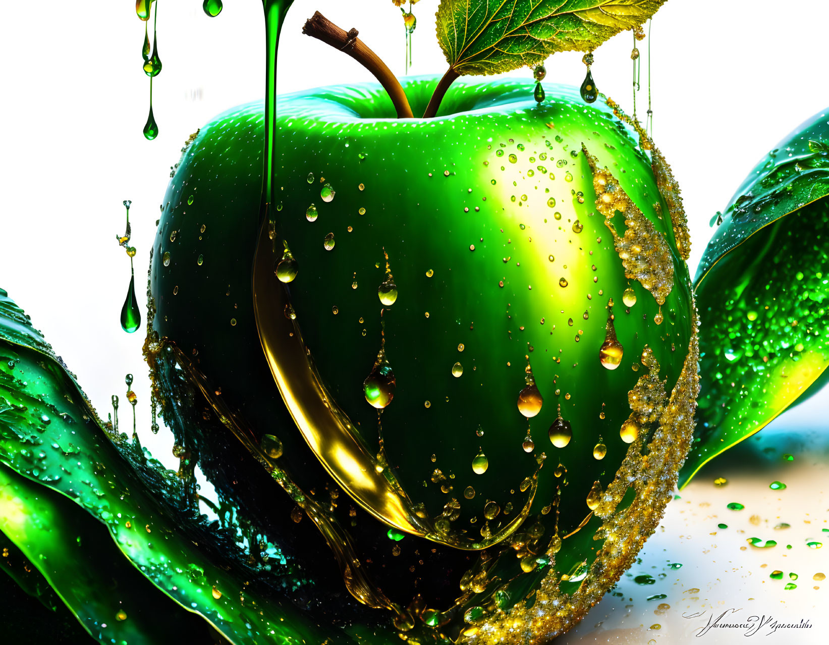 Fresh Green Apple with Water Droplets and Splashes on Reflective Surface