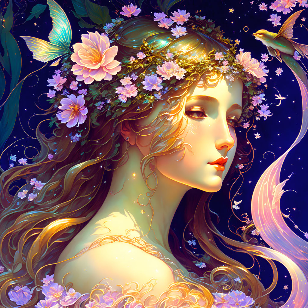 Mystical woman with floral wreath, butterflies, and night sky.