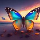 Colorful butterflies over purple clouds and water at sunset