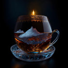 Transparent coffee cup with galaxy liquid and woman's face reflection