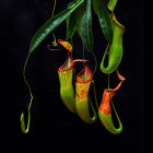 Abstract colorful plant-like shapes on black background with small figure