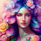 Vibrant Blue Hair Woman Digital Portrait with Colorful Flowers