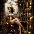 Regal woman in gold and pink costume among steampunk machinery