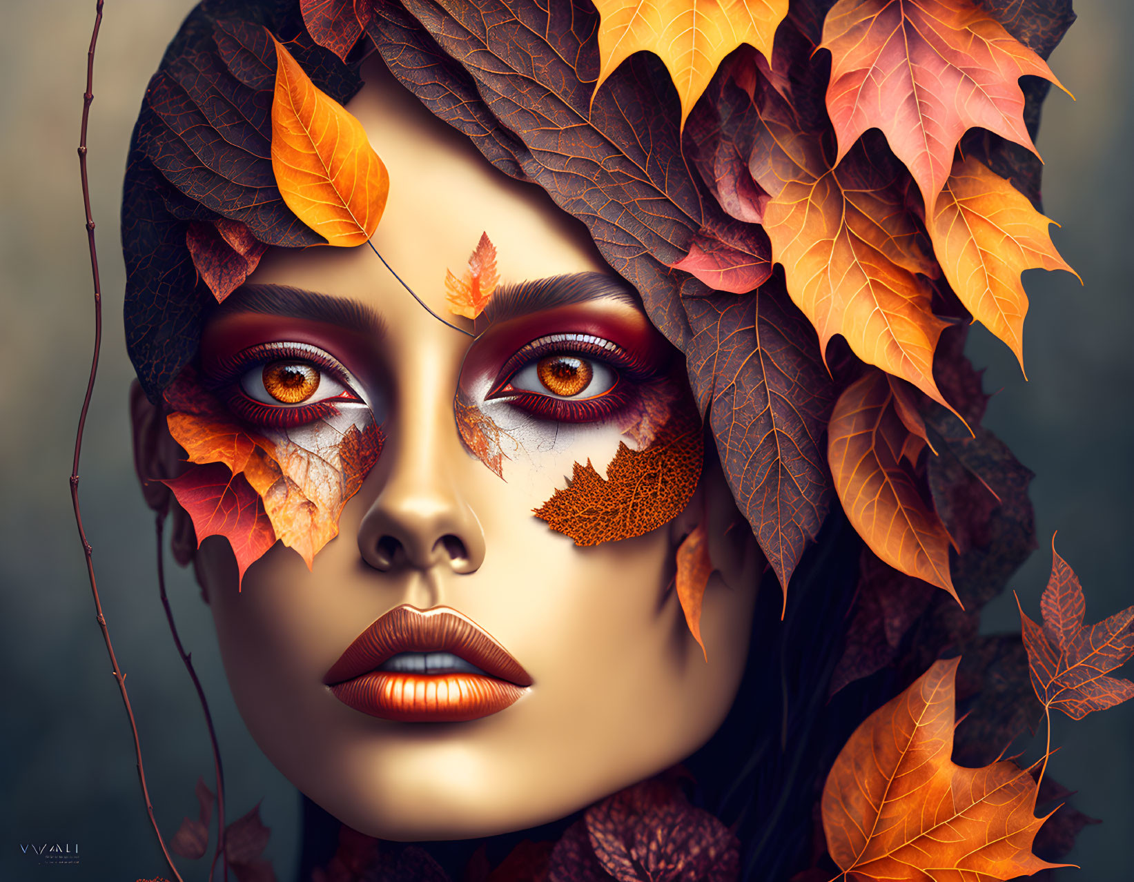 Vivid makeup and autumn leaves blend in digital portrait