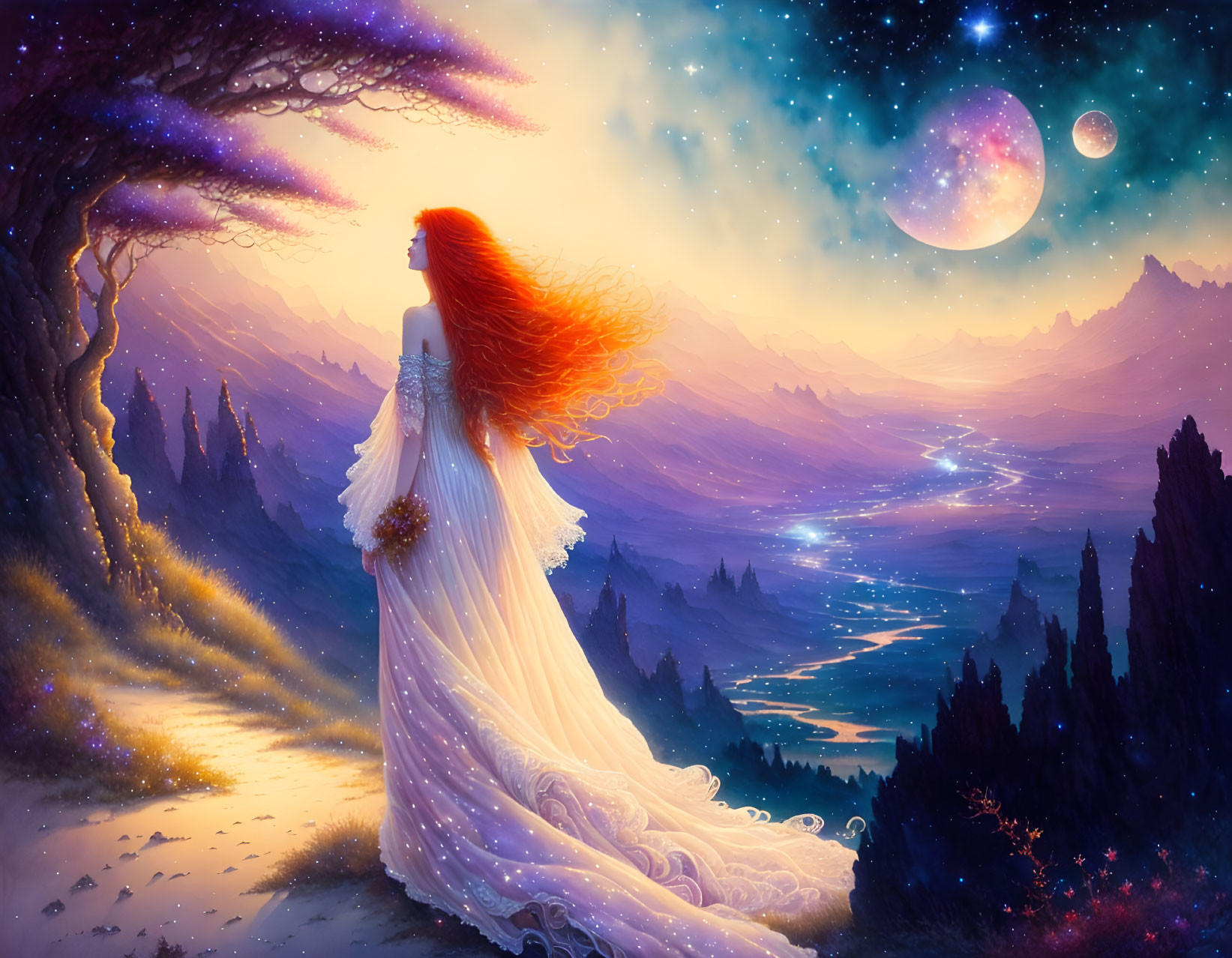 Red-haired woman in white gown contemplates surreal landscape with purple trees and starry sky.