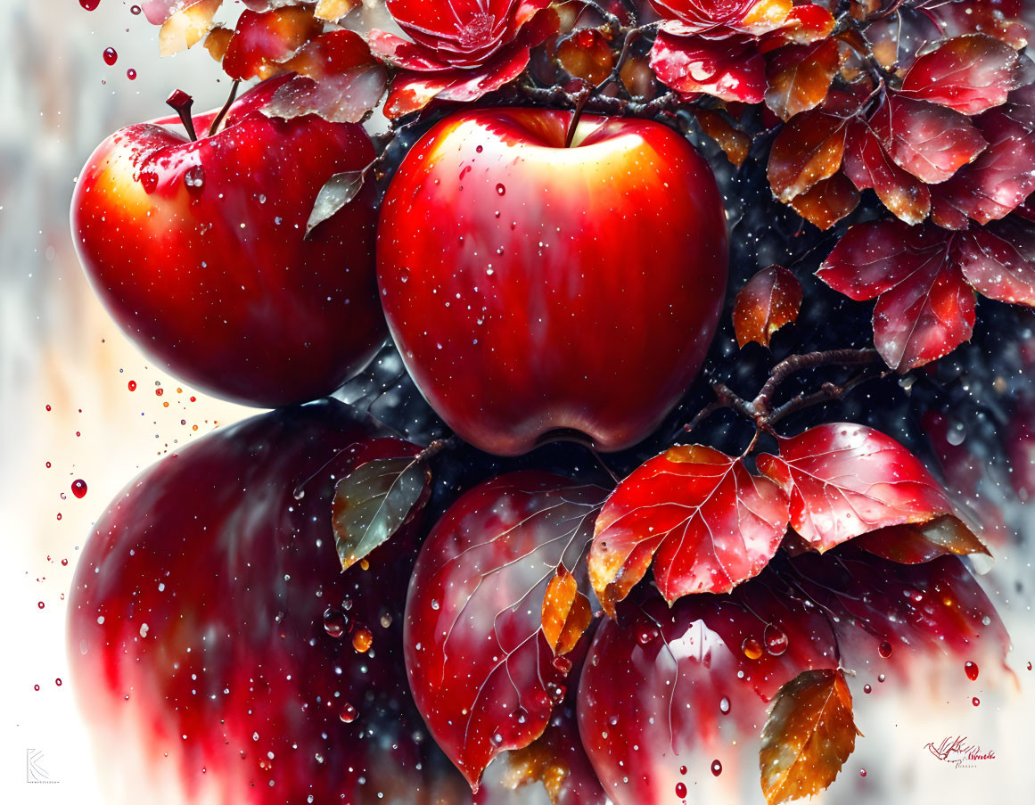 Fresh red apples with water droplets on branches and reddish leaves, reflected on wet surface.