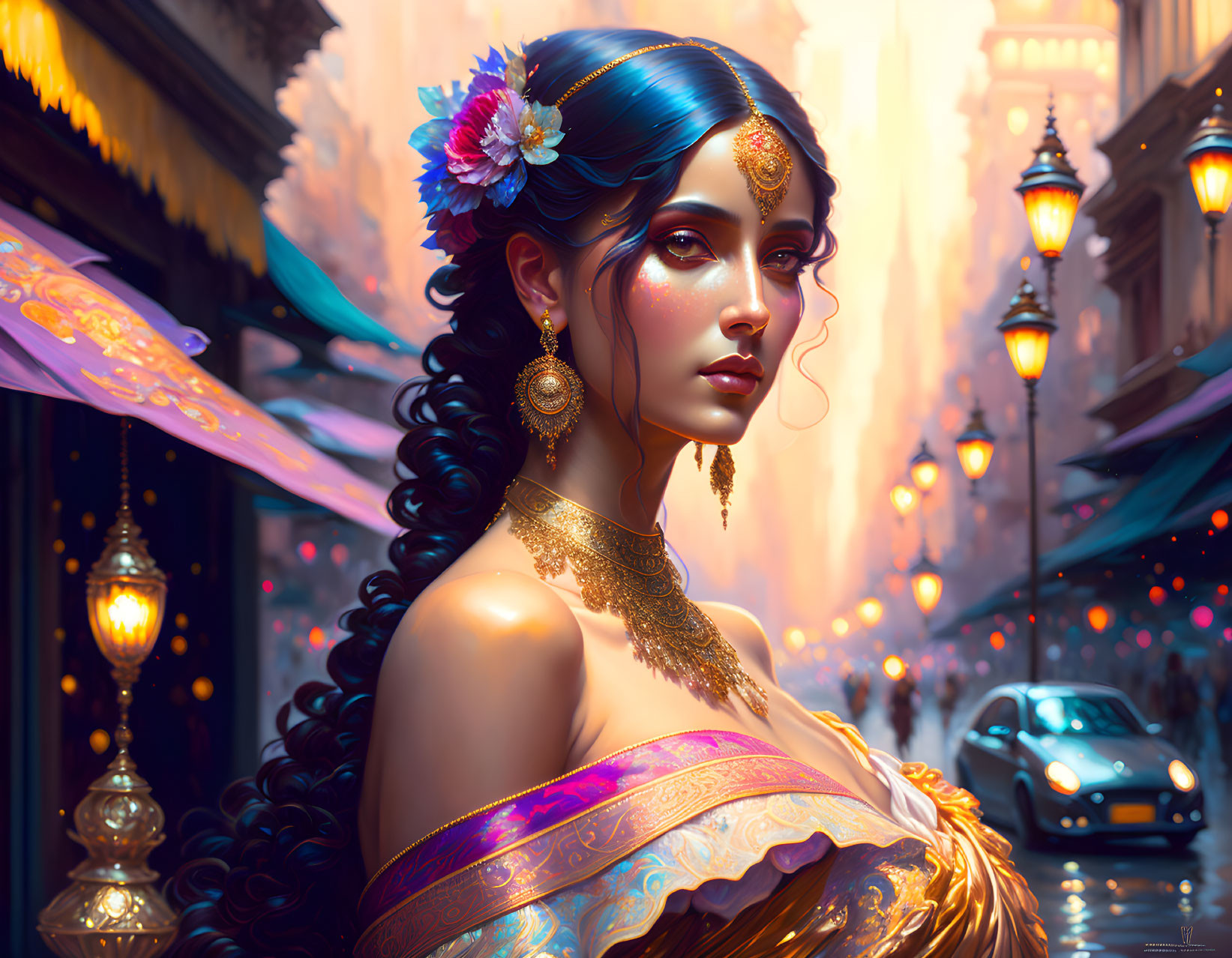 Digital art portrait of woman with jewelry and flower in hair against ornate street scene.