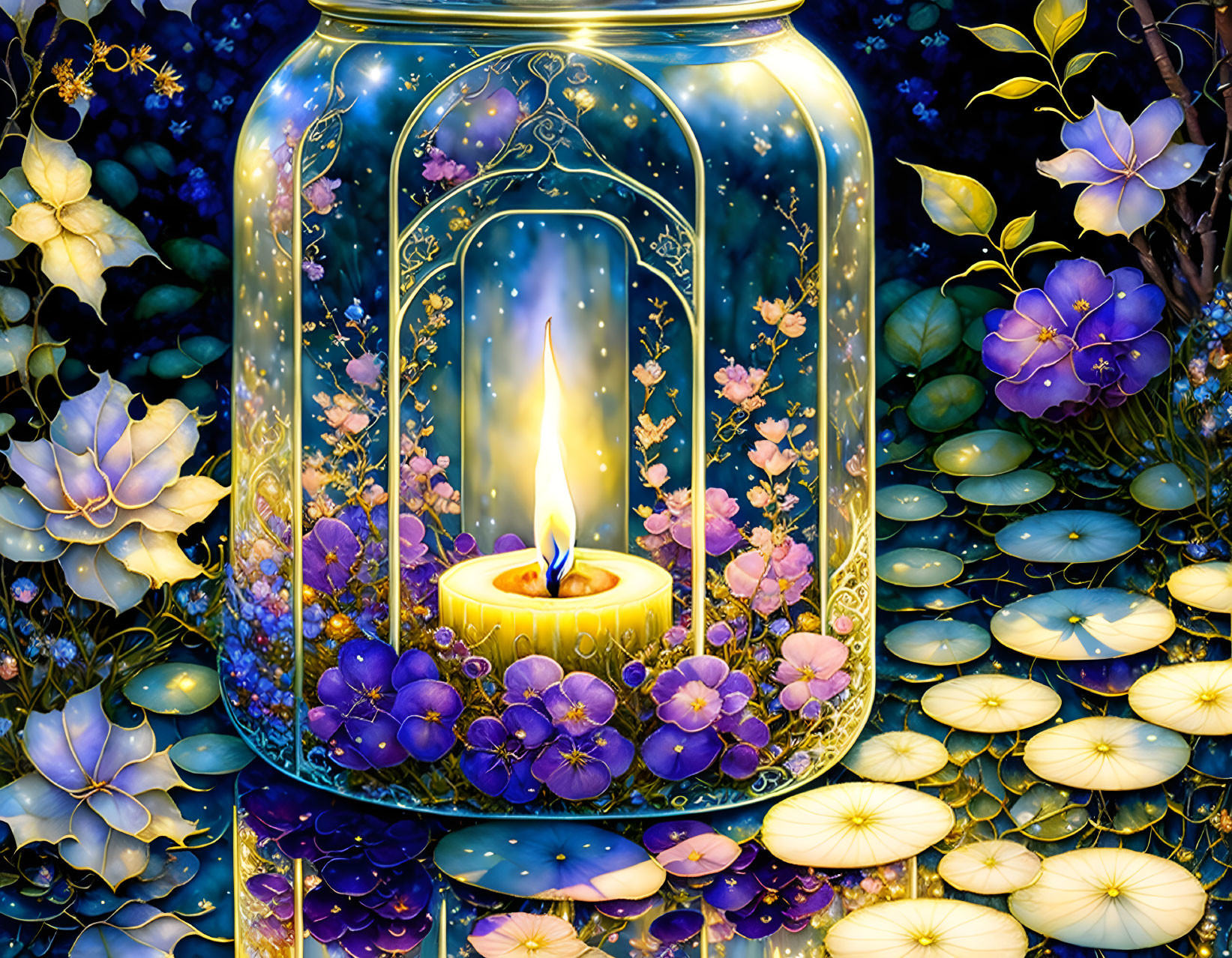 Decorative jar with luminous candle and purple flowers.