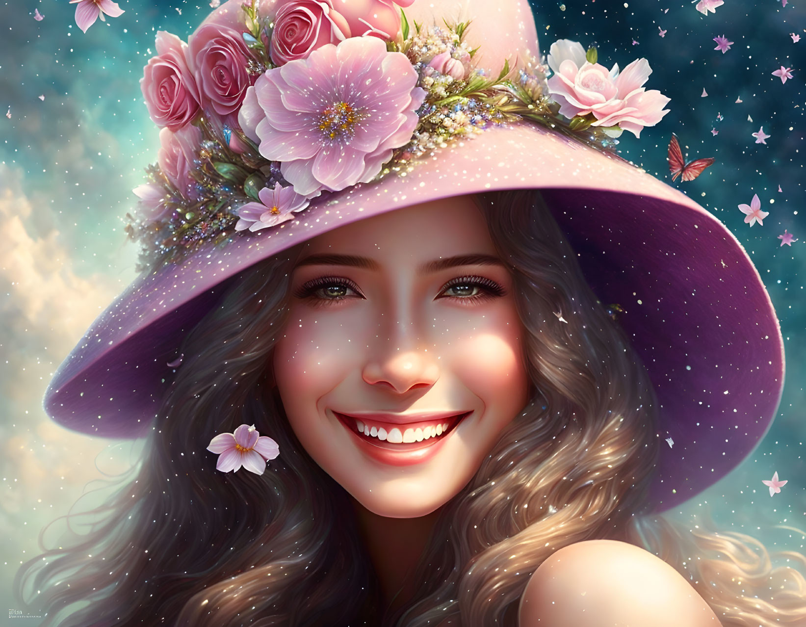 Smiling woman with wavy brown hair in purple hat under starry sky