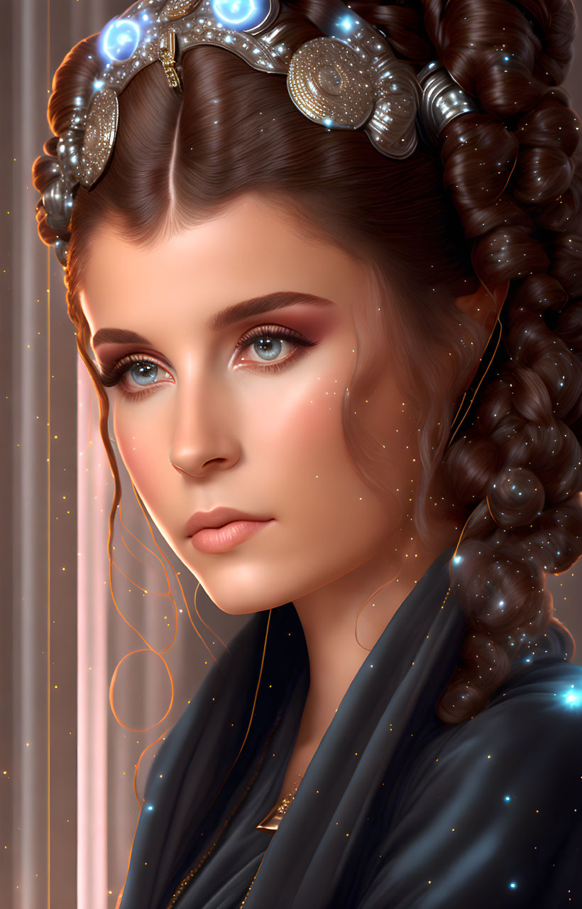 Digital portrait: Woman with braided hair, pearls, coins, glowing skin, starry garment