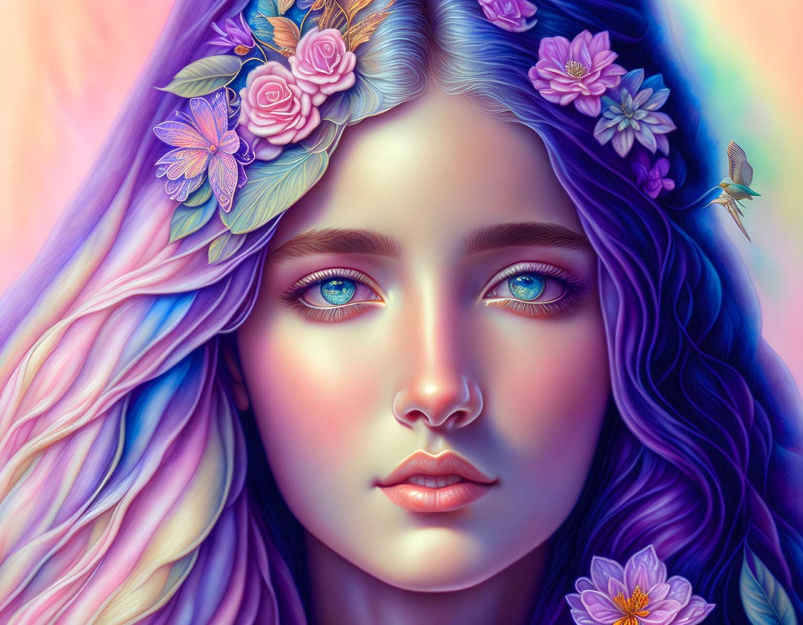 Colorful floral hair woman portrait with blue eyes and bird on pastel background