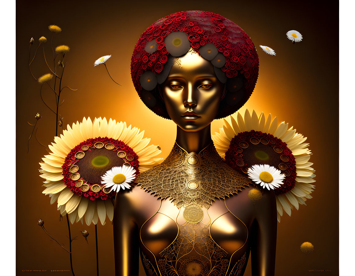 Golden-skinned figure with intricate patterns and sunflower adornments on warm backdrop