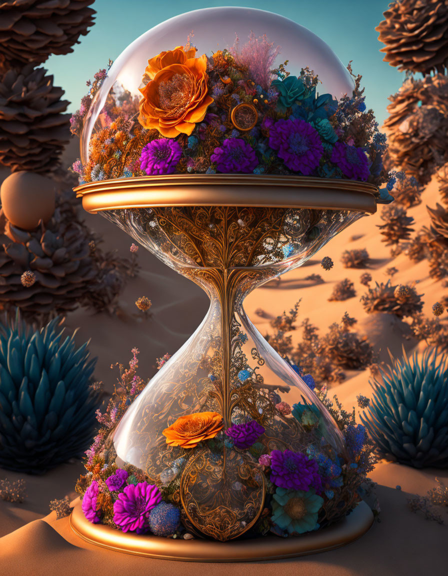 Ornate hourglass with vibrant flowers in desert scene