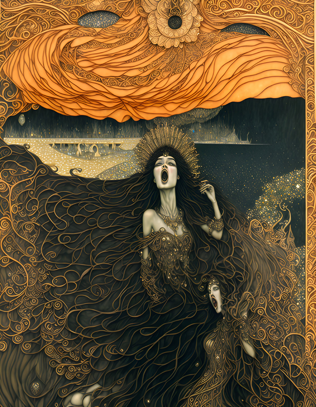 Art Nouveau Style Woman with Flowing Hair and Halo Headpiece on Starry Night Background