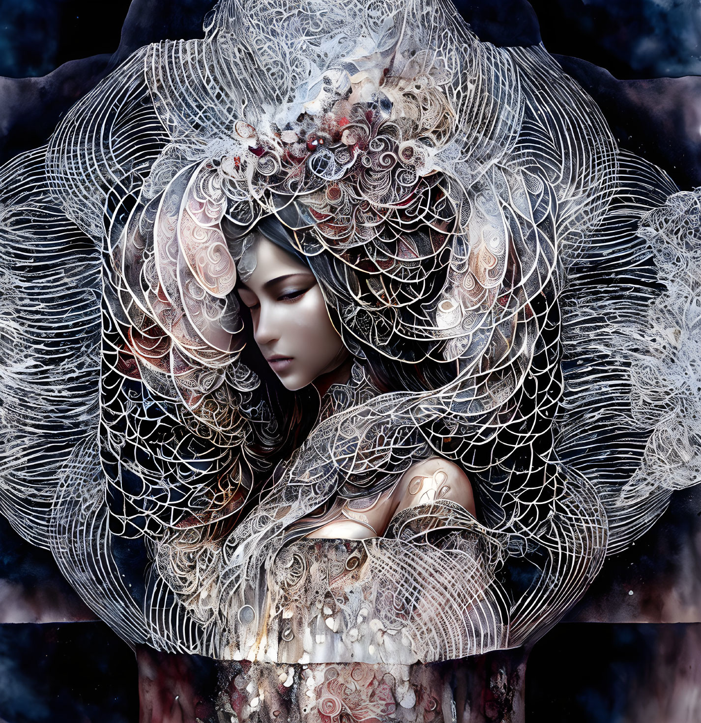 Elaborate Lace Headgear and Intricate Body Art with Floral and Geometric Patterns