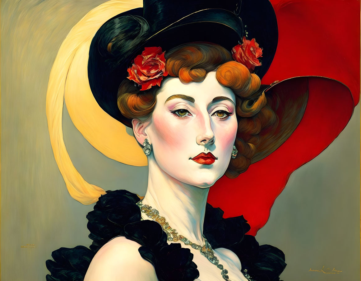 Elegant woman portrait with floral hat, ornate jewelry, red lipstick