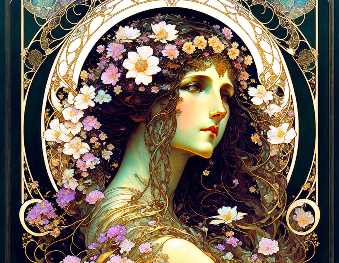 Art Nouveau Woman Illustration with Flowing Hair and Floral Halo