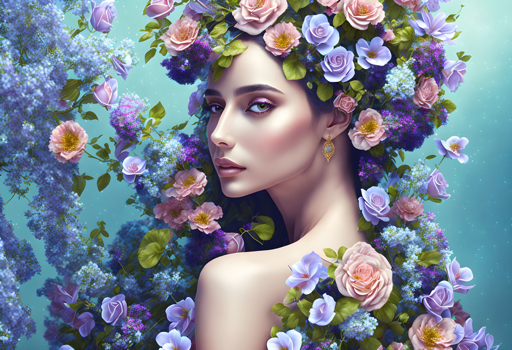 Detailed Portrait of Woman Surrounded by Colorful Flowers