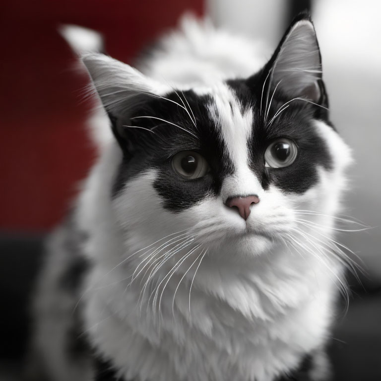 Distinctive black and white cat with large eyes and pink nose on red and grey backdrop