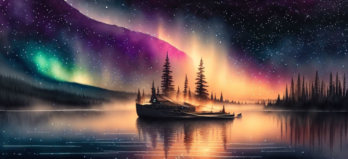 Tranquil night scene: Aurora borealis over lake with boat & pine tree silhouettes