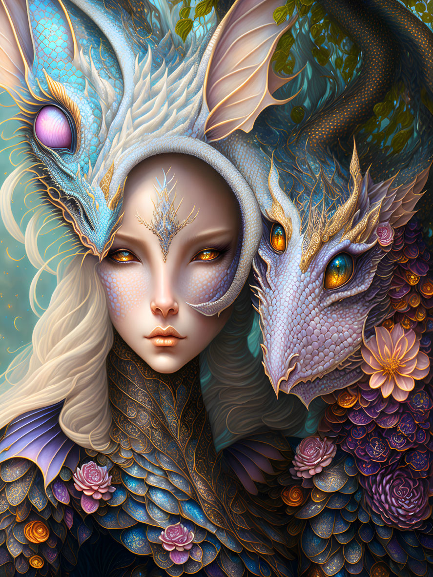 Fantasy image: Woman with dragon-like features and serpent creature in ornate setting