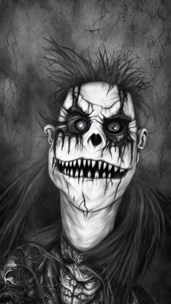 Monochrome image of creepy clown with exaggerated features