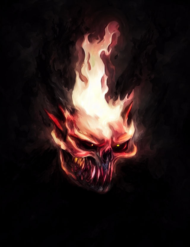 Menacing skull with flames and glowing eyes on dark background