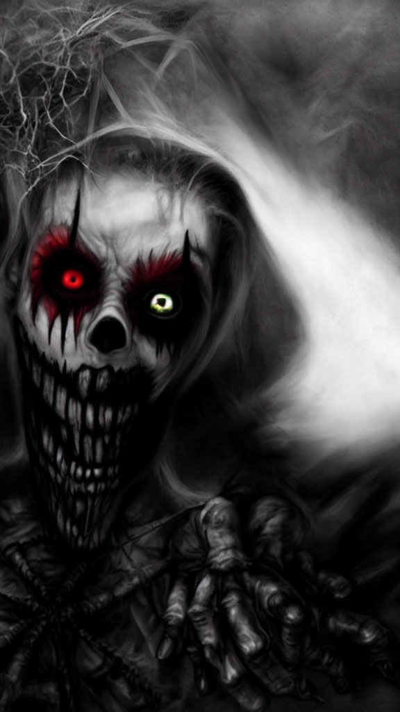 Eerie Skull-faced Figure with Red Eyes in Smoky Background