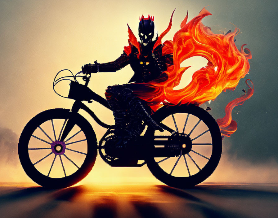 Stylized motorcycle rider with fiery wings and flaming skull at sunset