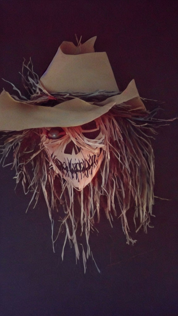 Spooky scarecrow mask with glowing eyes and tattered hat