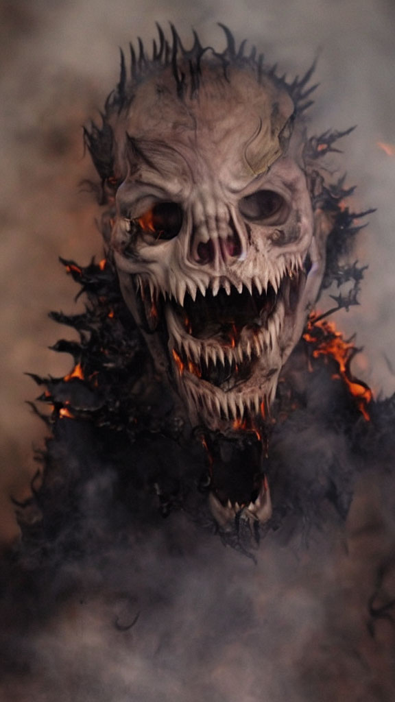 Menacing skull with sharp teeth in fiery, smoky background