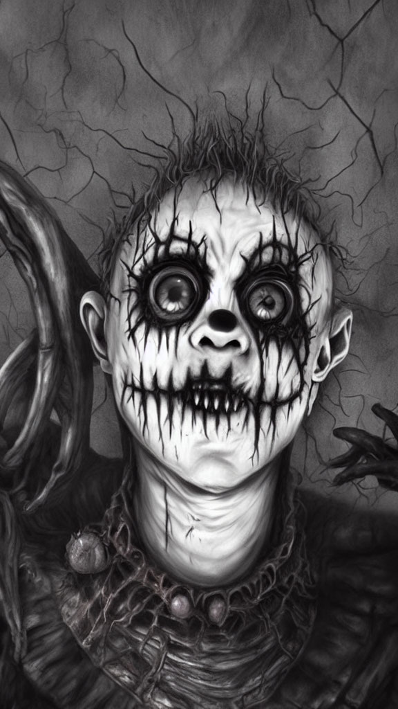 Creepy doll-like character with exaggerated eyes and stitched mouth in monochrome illustration