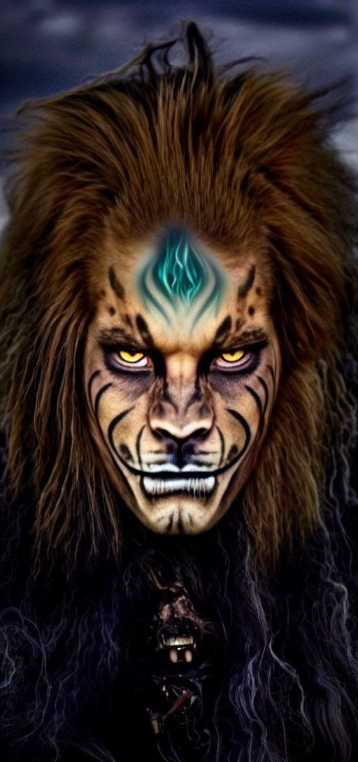 Digital image blending human face with lion features: yellow eyes, mane, tribal markings