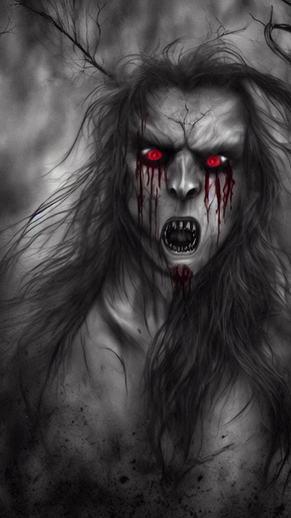 Monstrous figure with wild hair and red eyes in ghoulish depiction