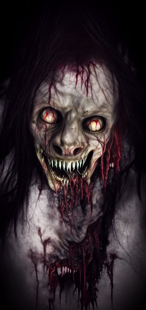 Sinister monstrous figure with glowing red eyes and bloodied face