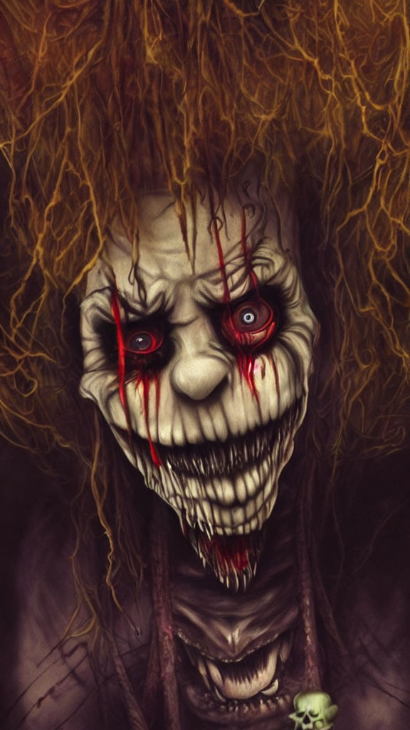 Menacing clown illustration with sharp teeth and blood-red eyes