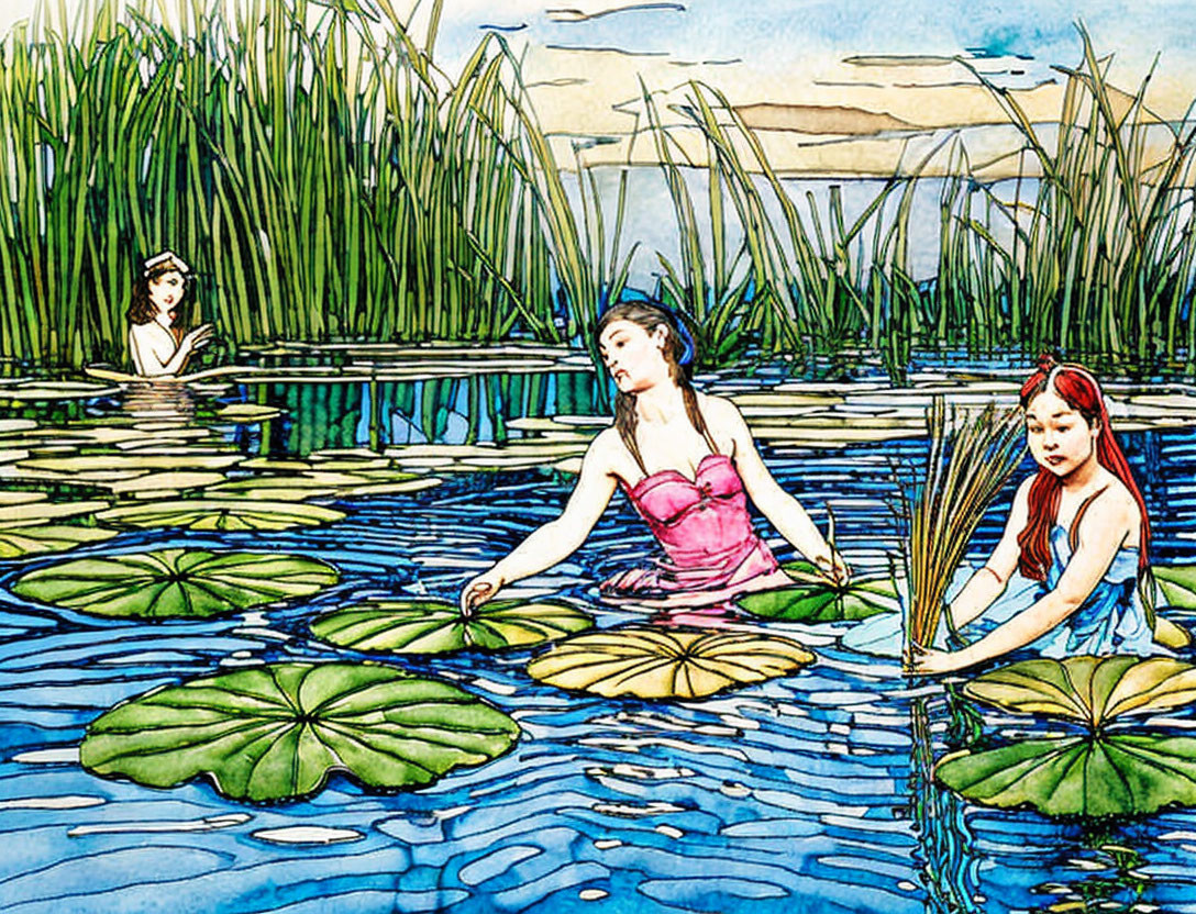 Traditional Attire Women Gathering Lotus Flowers in Tranquil Pond