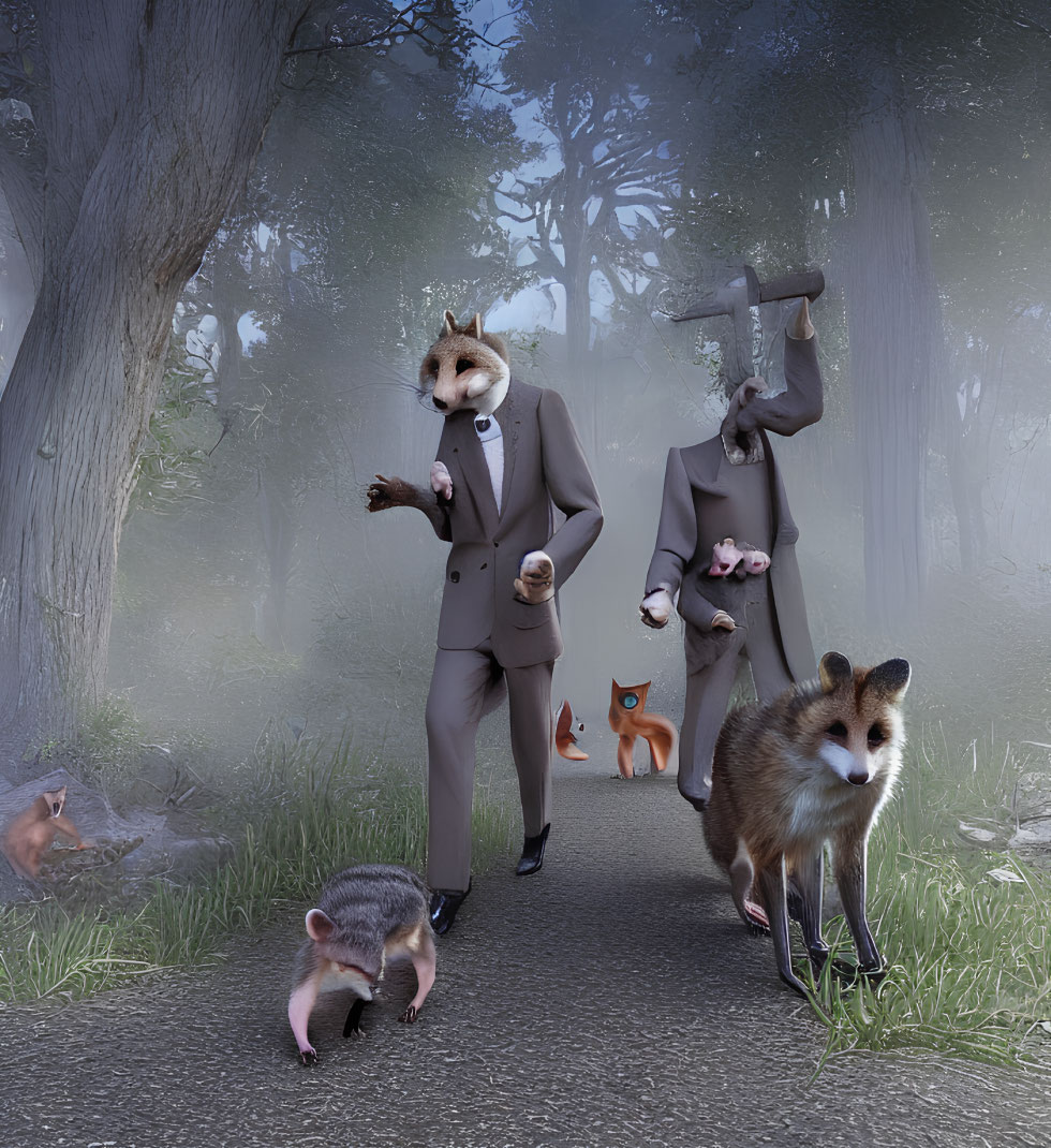 Anthropomorphic raccoons in suits with an axe, realistic raccoons in foggy forest