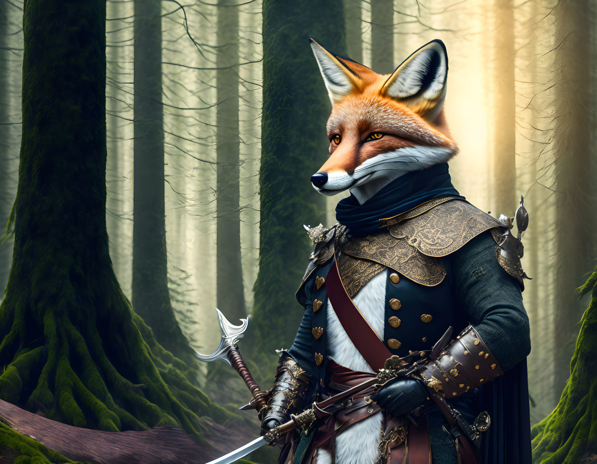 Anthropomorphic fox in medieval armor wields sword in misty forest