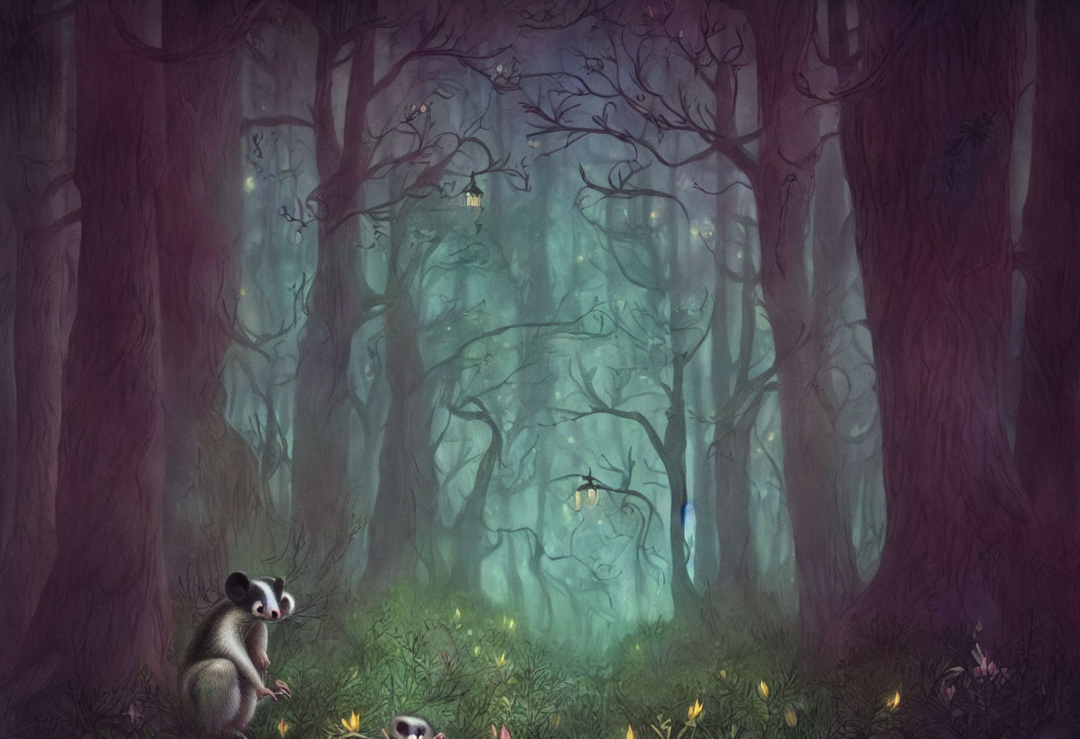 Enchanted forest with twisted trees, mist, glowing flowers, raccoon, fireflies