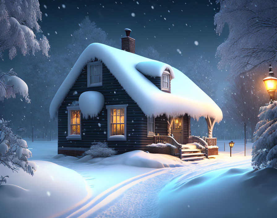 Snow-covered cabin at night in winter landscape with glowing windows