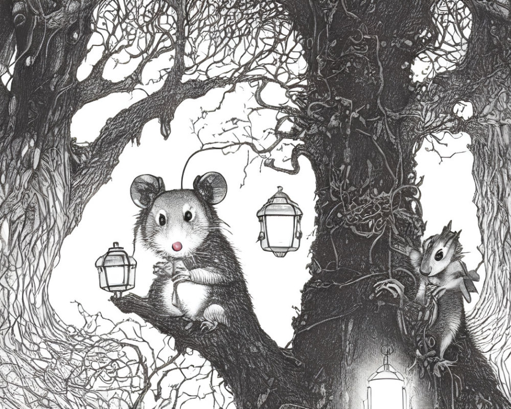 Detailed Illustration: Mouse and Squirrel with Lanterns in Whimsical Forest